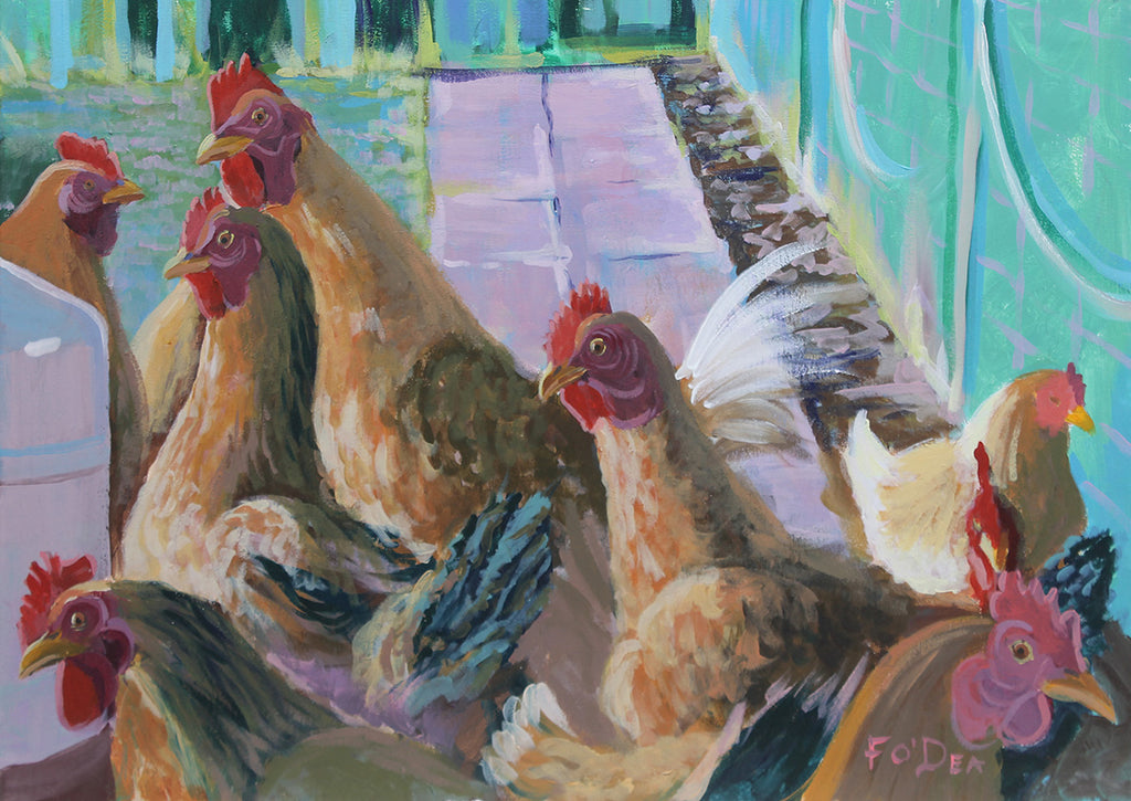 hen painting , chicken painting for sale, Chicken  coop painting , the hen party painting , Irish farm art for sale , Irish hens for sale , Irish wildlife painting for sale , Irish paintings for sale, laying hens painting for sale   