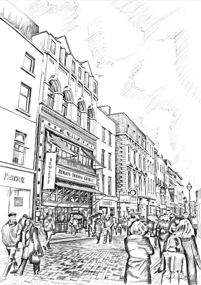 drawing painting  of Bewleys Cafe Dublin _ Framed art print of Bewleys cafe dublin _ irish art print of Grafton Street Dublin 