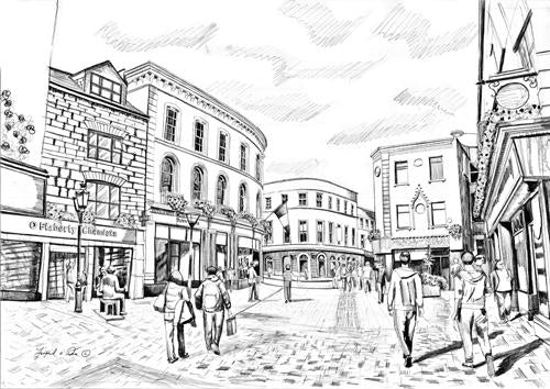drawing of Galway city for sale , affordable irish print of galway city for sale , print of galway for sale , framed art print of william street galway for sale, painting of glaway city , landscape painting of galway city for sale ,