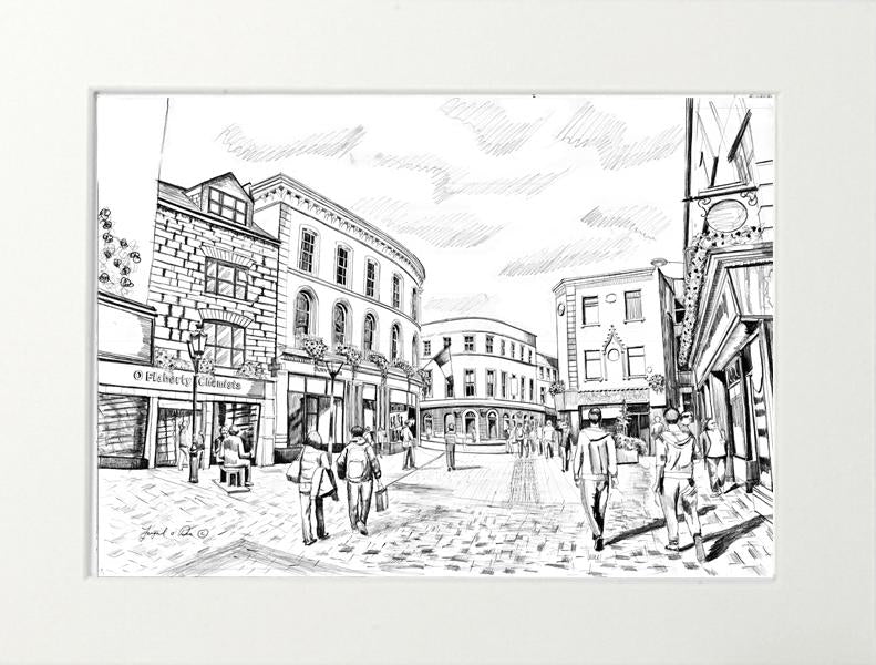 drawing of Galway city for sale , affordable irish print of galway city for sale , print of galway for sale , framed art print of william street galway for sale, painting of glaway city , landscape painting of galway city for sale 