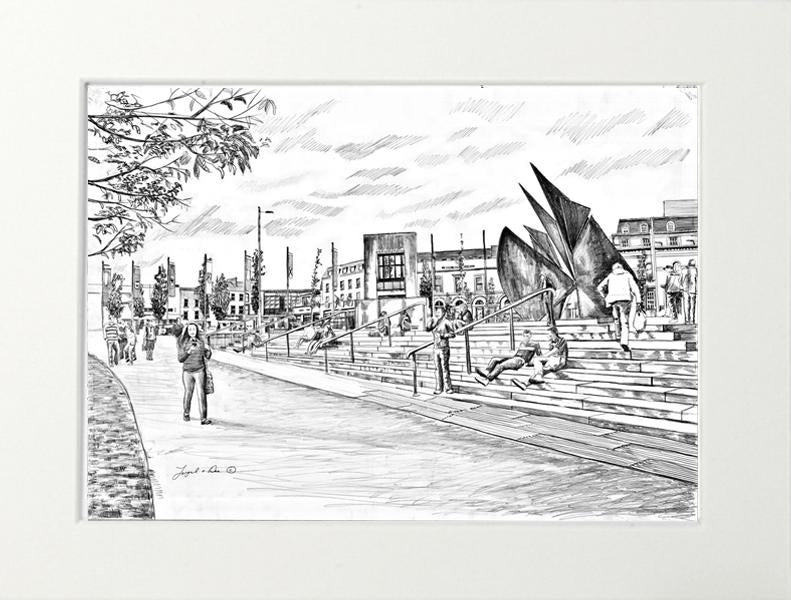 drawing of Eyre Square Galway for sale , Irish art print of Eyre Square Galway for sale , limited print of Eyre Sqaure Galway for sale, online sales ,