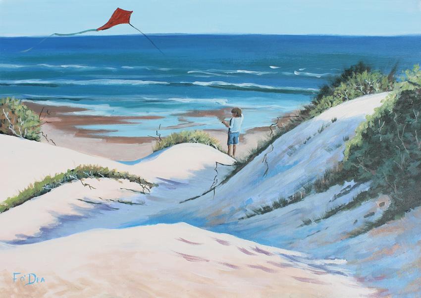 painting of inchydoney beach west cork for sale ,lets fly a kite, irish art print , framed print of inchydoney beach west cork , Framed art print , west cork art for sale , inchydoney beach art for sale 