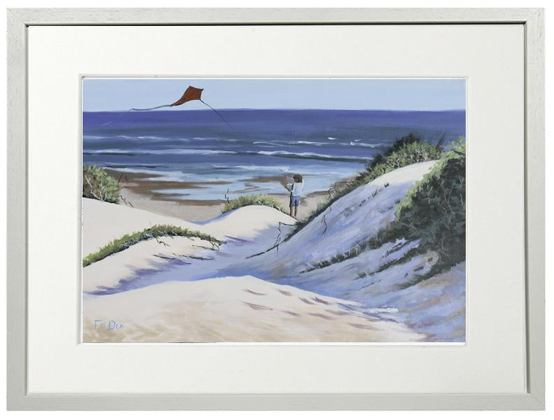 painting of inchydoney beach west cork for sale ,lets fly a kite, irish art print , framed print of inchydoney beach west cork , Framed art print , west cork art for sale , inchydoney beach art for sale