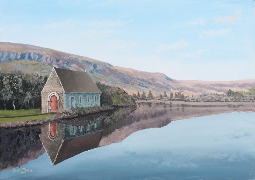 painting of Gougane Barra for sale , limited print of Gougane Barra for sale, Framed print of Gougane Barra , irish art, irish art prints , landscape painting of Gougane barra, Macroom art print cork for sale , 