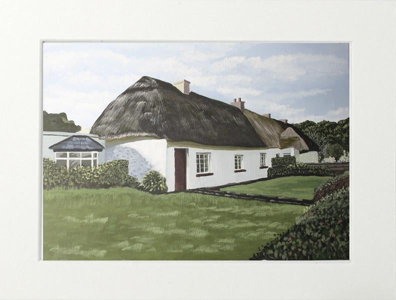 painting of Adare Cottage Co Limerick , Irish Art for Sale, Irish art prints for sale , Framed prints Ireland, white wash cottage Adare co limerick.