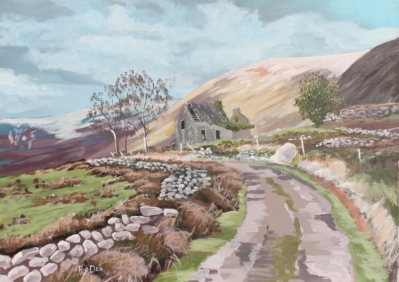 painting of ring of Kerry for sale, framed art print of old ruin ring of kerry by Fergal O' Dea, irish art, framed art print, landscape painting of Ring of Kerry for sale , Irish countryside painting  for sale , Irish winter  painting for sale  