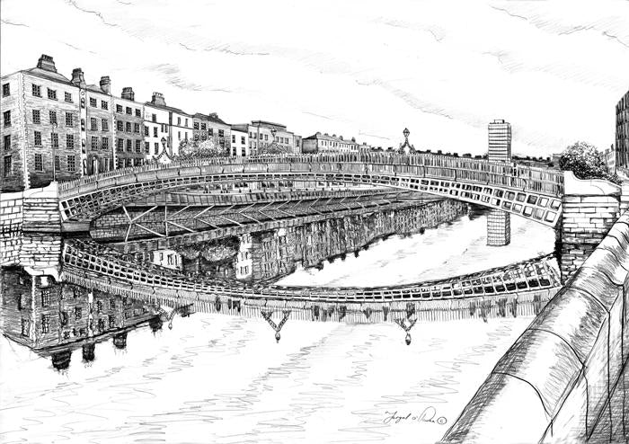 drawing of Ha penny bridge for sale by irish artist Fergal O' Dea, framed art print of ha penny bridge , limited art print of ha penny bridge for sale, dublin city painting for sale , irish art print of Ha penny bridge for sale