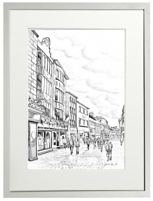 drawing of William Street Galway for sale , framed art print of Galway city for sale , limited art print of galway city for sale, Traditional irish art for sale, irish art print of William street for sale, Galway city painting for sale.