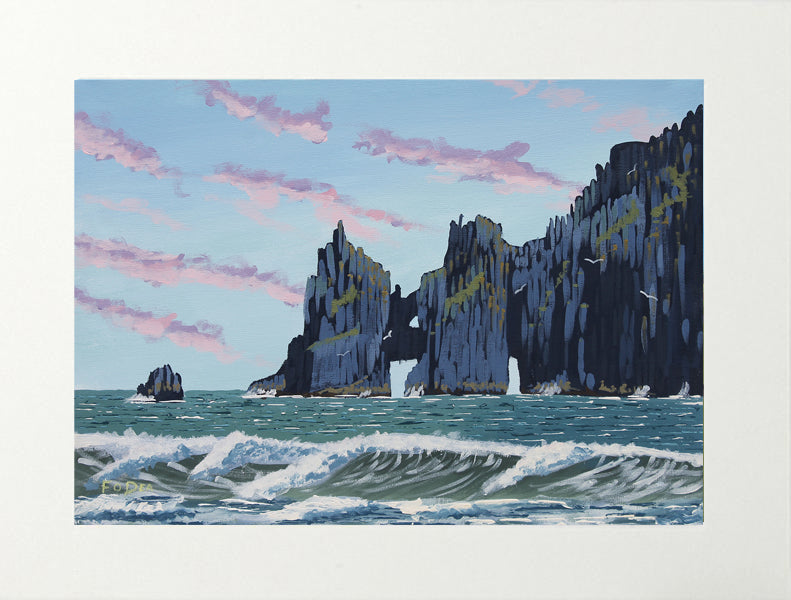 Art print of a coastal scene with cliffs and ocean waves.
