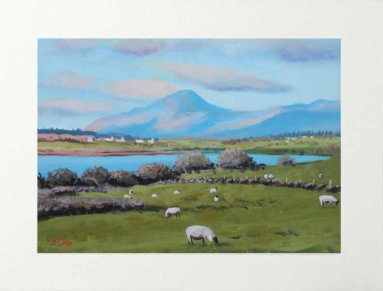 Painting of a pastoral scene with sheep, a lake, and mountains.