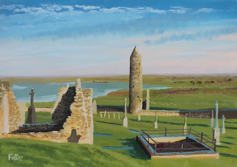 painting of Clonmacnoise monastery for sale , by Irish artist Fergal O' Dea , Irelands ancient east painting , Irish art print , painting of Irish round tower 