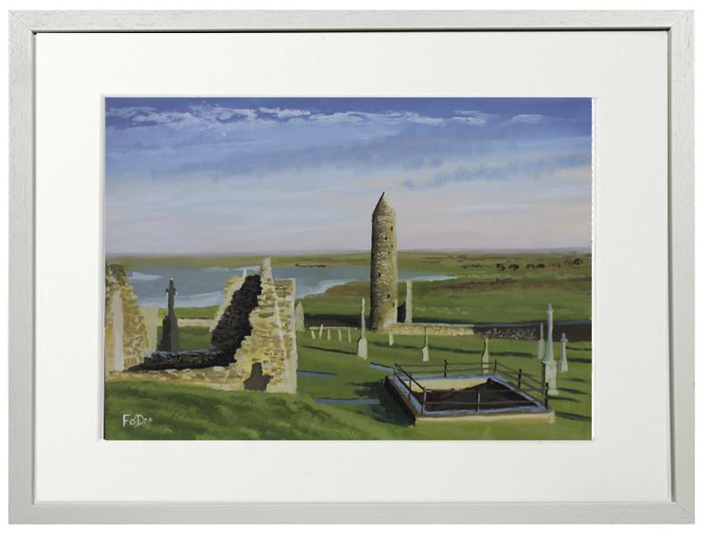 painting of Clonmacnoise monastery for sale , by Irish artist Fergal O' Dea , Irelands ancient east painting , Irish art print , painting of Irish round tower