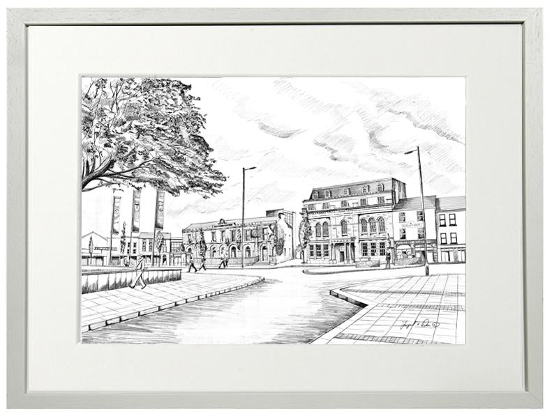 drawing of Eyre Square County Galway for sale, framed art print of Eyre Square county Galway for sale , Limited art print of Galway city for sale , Irish artist Fergal O' Dea