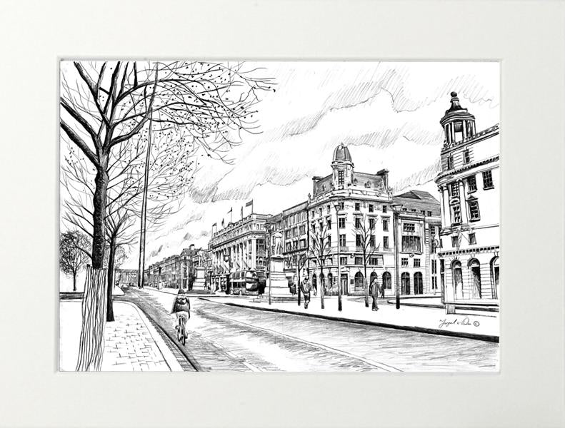 drawing of O Connell street Dublin for sale , dublin art for sale, framed art print of Dublin for sale, art print of O ' Connell street by Fergal O' Dea irish artist. Irish art , irish art print of the spire dublin , Drawing of the spire dublin for sale , The spire dublin art for sale
