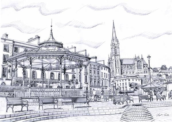 original drawing of st colmans cathedral for sale , limited art print of Cobh for sale , traditional irish art print of st colmans cathedral for sale , landscape painting of cobh cork for sale 