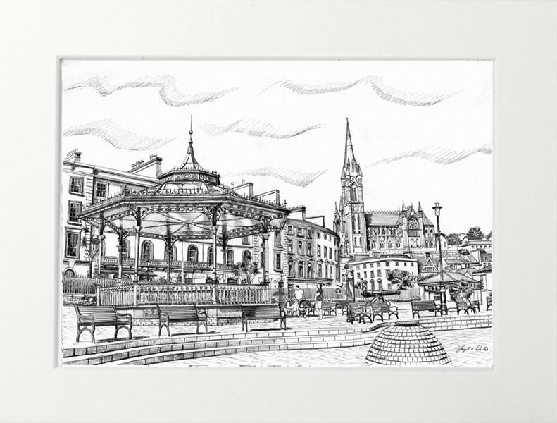 original drawing of st colmans cathedral for sale , limited art print of Cobh for sale , traditional irish art print of st colmans cathedral for sale , landscape painting of cobh cork for sale