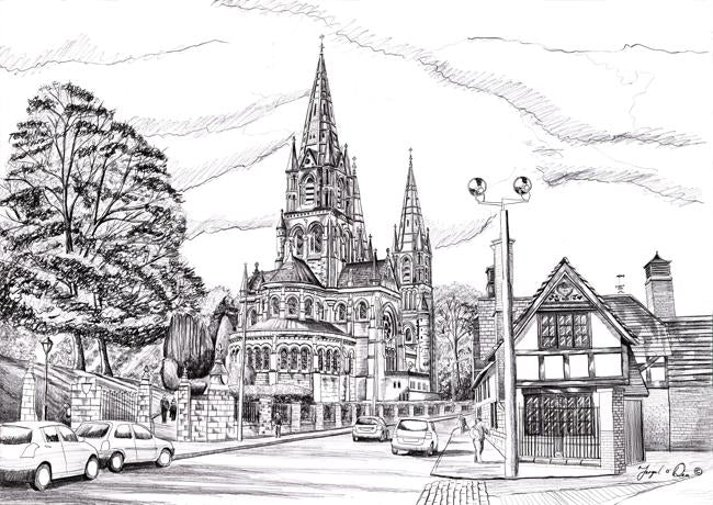 drawing of saint fin barres cathedral for sale , fin barres cathedral drawing , painting of St Fin barres for sale , Probys quay cork drawing for sale , irish cathedral drawing for sale ,Framed art print of St Fin barres cathedral for sale , 
