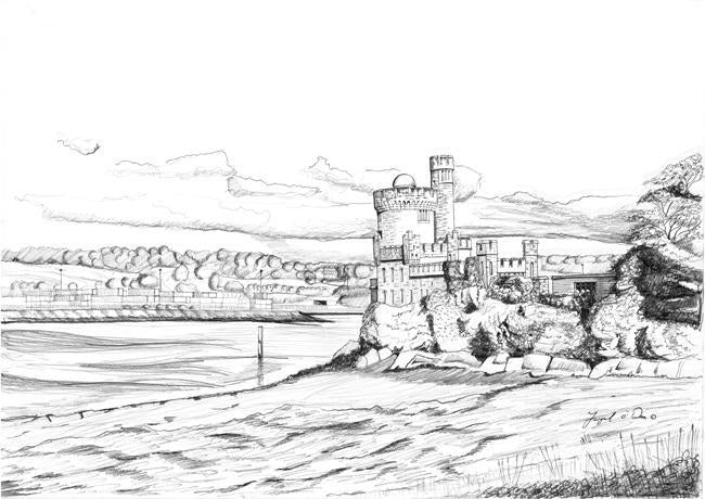 drawing of Blackrock castle for sale , pen drawing of blackrock castle for sale , irish art print , Irish art , landscape drawing of blackrock castle for sale .