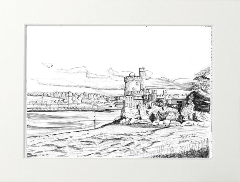 drawing of Blackrock castle for sale , pen drawing of blackrock castle for sale , irish art print , Irish art , landscape drawing of blackrock castle for sale .