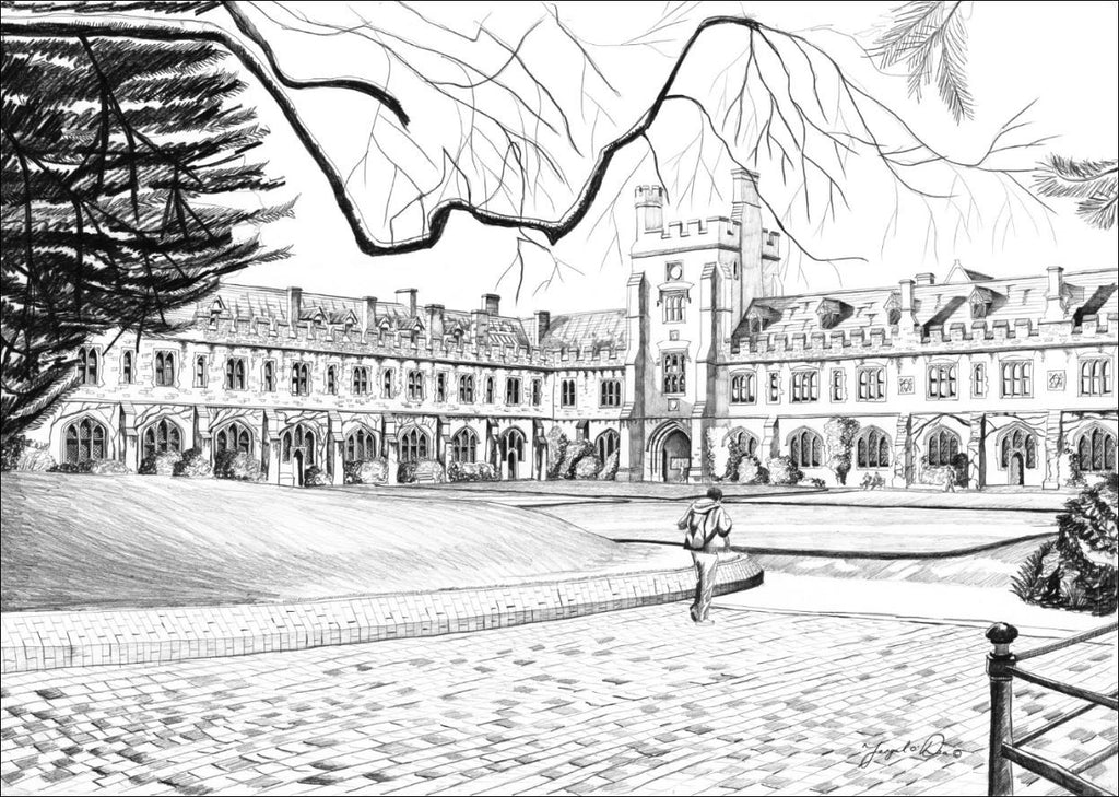 drawing of the quadrangle university college cork for sale , framed art print of the quad ucc for sale , Irish art print of the quad quadrangle ucc cork for sale, pencil drawing of the quadrangle ucc for sale
