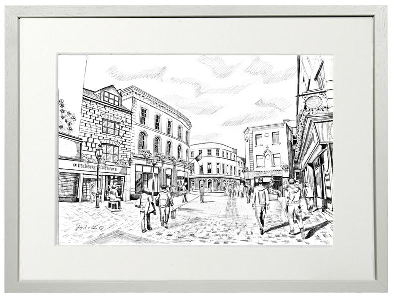 drawing of Galway city for sale , affordable irish print of galway city for sale , print of galway for sale , framed art print of william street galway for sale, painting of glaway city , landscape painting of galway city for sale 
