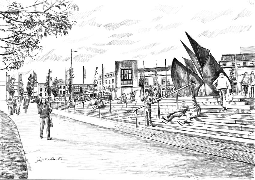 drawing of Eyre Square Galway for sale , Irish art print of Eyre Square Galway for sale , limited print of Eyre Sqaure Galway for sale, online sales , 