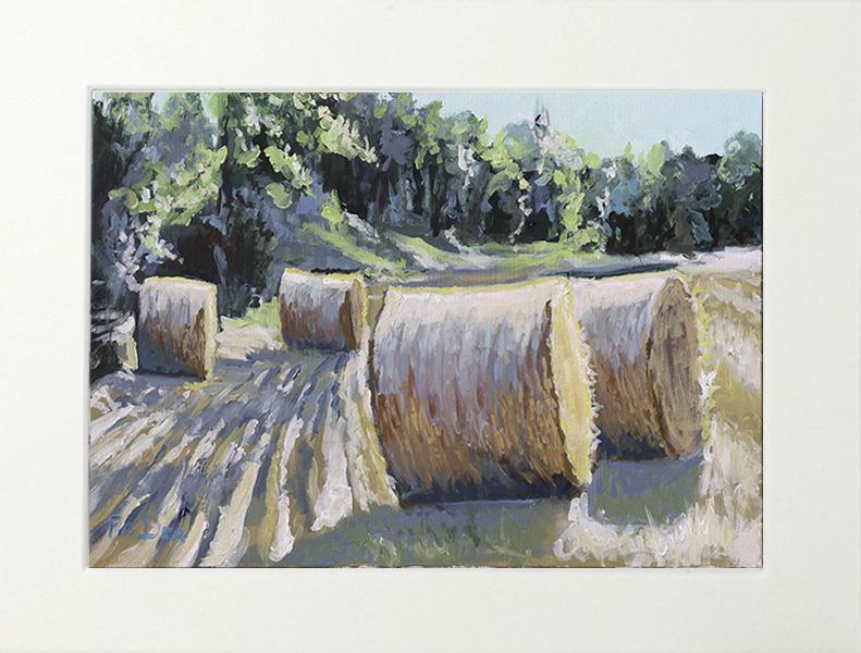 west cork haystacks painting for sale , limited print of summer haystacks , summer harvest painting west cork , framed limited print of haystacks , field of haystacks painting