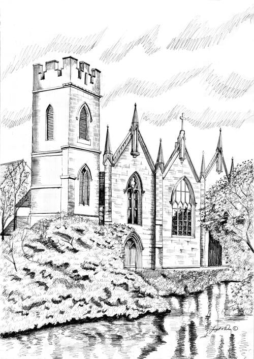 drawing of Galway city for sale , limited art print of galway city for sale, original painting drawing of franciscan Friary for sale , galway cathedral drawing for sale , 