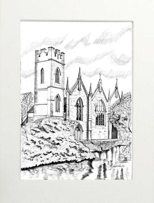 drawing of Galway city for sale , limited art print of galway city for sale, original painting drawing of franciscan Friary for sale , galway cathedral drawing for sale ,