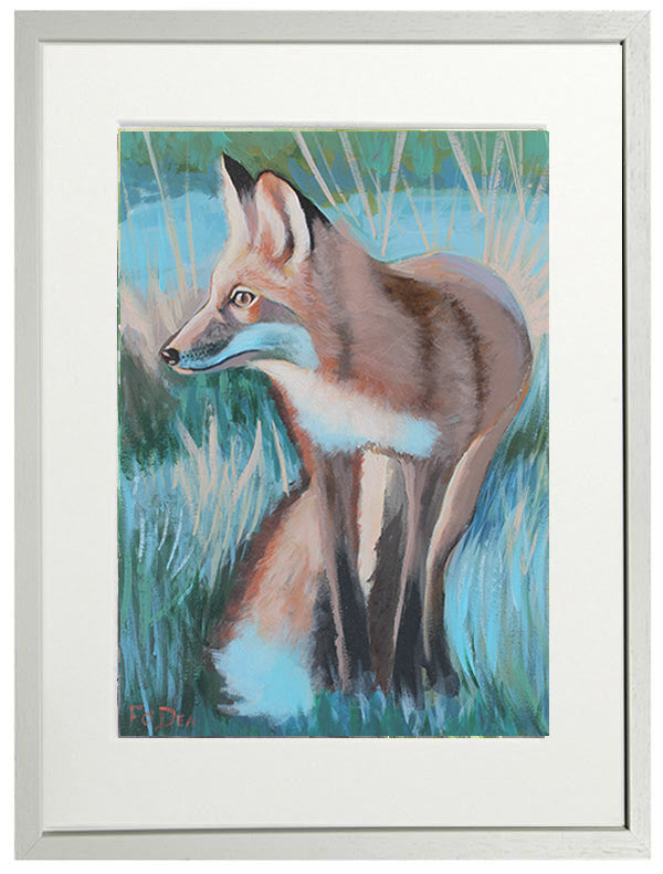 painting of Irish fox in setting sun , framed art print of Irish fox , traditional Irish art of fox for sale , original painting of fox for sale