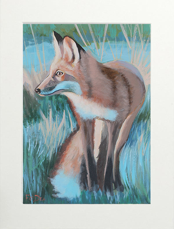 painting of Irish fox in setting sun , framed art print of Irish fox , traditional Irish art of fox for sale , original painting of fox for sale