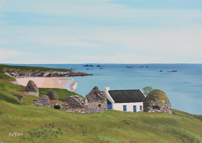 Painting of the blaskets co Kerry by Fergal O' Dea.  Framed irish art print of the Blaskets co kerry for sale , Traditiional Irish art paintings of the great blasket island kerry for sale , affordable irish art print of the blaskets for sale , 