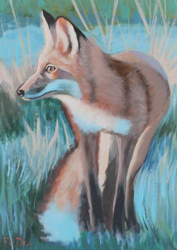 painting of Irish fox in setting sun , framed art print of Irish fox , traditional Irish art of fox for sale , original painting of fox for sale 