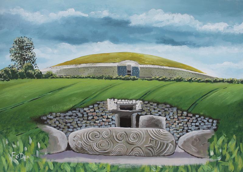 landscape painting of Newgrange county Meath for sale, Irelands ancient east art , framed art print of Newgrange for sale , limited art print of Newgrange county Meath by Irish artist Fergal O' Dea