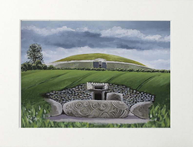 landscape painting of Newgrange county Meath for sale, Irelands ancient east art , framed art print of Newgrange for sale , limited art print of Newgrange county Meath by Irish artist Fergal O' Dea