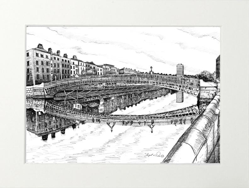 drawing of Ha penny bridge for sale by irish artist Fergal O' Dea, framed art print of ha penny bridge , limited art print of ha penny bridge for sale, dublin city painting for sale , irish art print of Ha penny bridge for sale