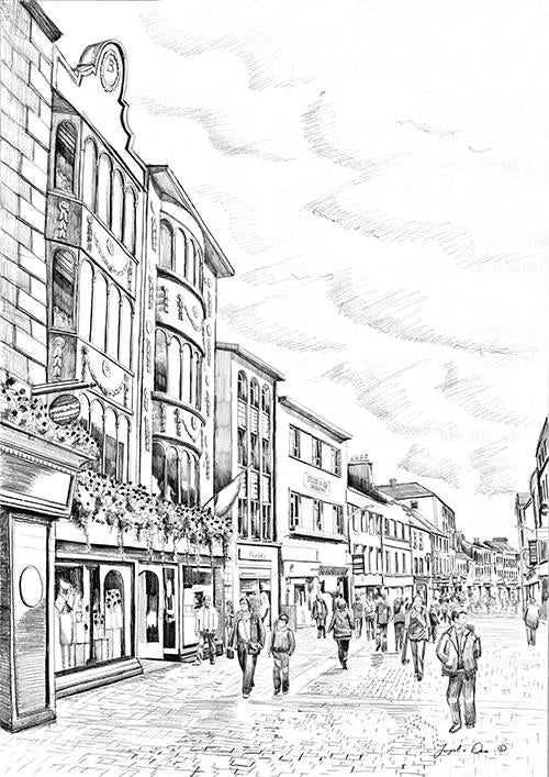 drawing of William Street Galway for sale , framed art print of Galway city for sale , limited art print of galway city for sale, Traditional irish art for sale, irish art print of William street for sale, Galway city painting for sale. 