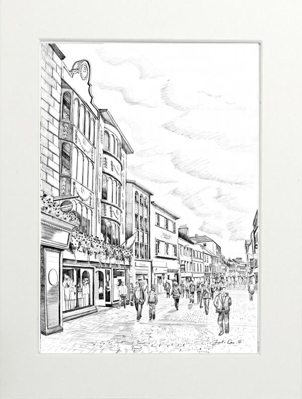 drawing of William Street Galway for sale , framed art print of Galway city for sale , limited art print of galway city for sale, Traditional irish art for sale, irish art print of William street for sale, Galway city painting for sale.